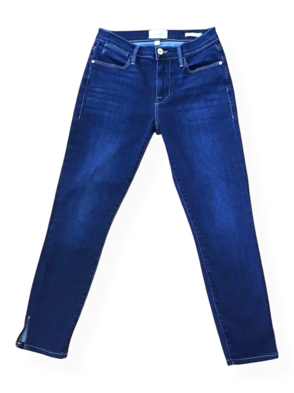 FRAME Le High Skinny Jeans 25 Dark Indigo High Rise Ankle Slit Designer Denim